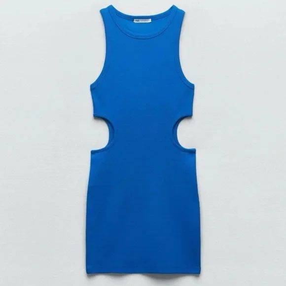 Zara Ribbed Cut Out Blue Mini Dress - Picture 1 of 8